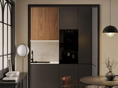 Modern Restaurant Interior With Walnut Cabinets Black Appliances Dining Table And Pendant Lamp 3d model