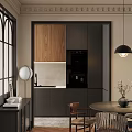 Modern Restaurant Interior With Walnut Cabinets Black Appliances Dining Table And Pendant Lamp