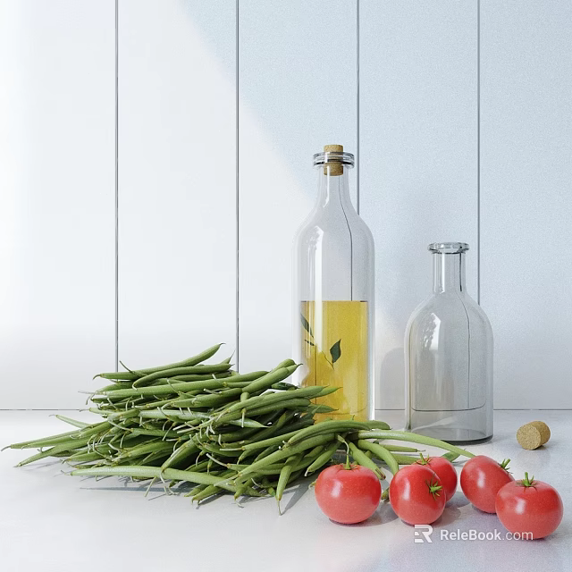 Fresh Green Beans and Ripe Tomatoes with Glass Oil Bottles and Cork on White Wall 3d model 