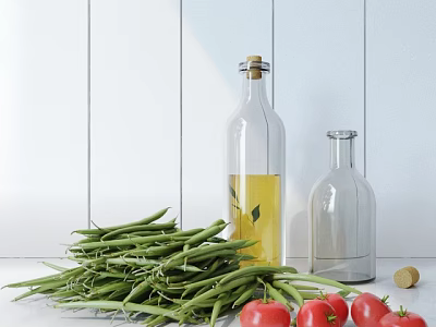 Fresh Green Beans and Ripe Tomatoes with Glass Oil Bottles and Cork on White Wall 3d model