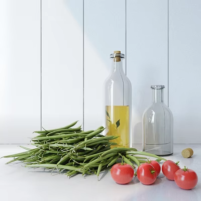 Fresh Green Beans and Ripe Tomatoes with Glass Oil Bottles and Cork on White Wall 3d model
