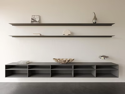 Modern Wall Mounted Shelving Unit With Decorative Vases Storage Cabinets And Books 3d model