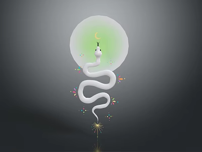 White Snake Coiled Under Green Moon With Colorful Sparkles And Stars 3d model