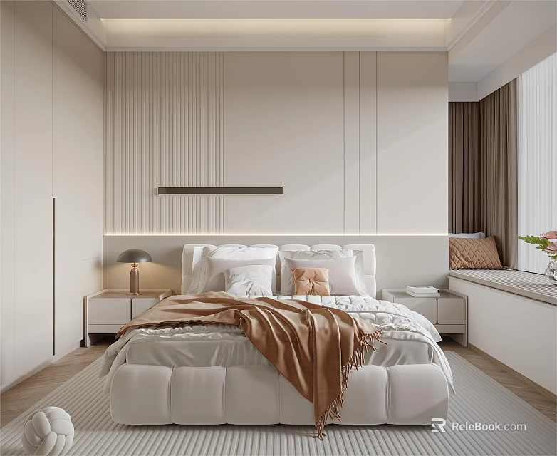 Modern Bedroom Interior Design With Paneled Wall Bed Pillows And Brown Curtains 3d model