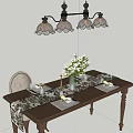 Cozy Wooden Dining Table And Chairs Set With Table Runner Flower Vase And Chandelier