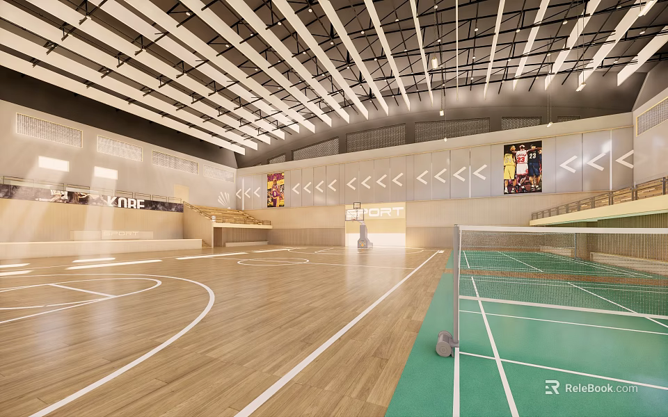 Basketball Gymnasium Interior Featuring Wooden Flooring Court Lines Green Badminton Area And Ceiling Beams 3d model 