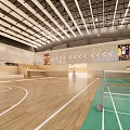 Basketball Gymnasium Interior Featuring Wooden Flooring Court Lines Green Badminton Area And Ceiling Beams