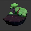 3D Miniature Scene With Green Trees Purple Boat Shaped Platform And Small Bridge