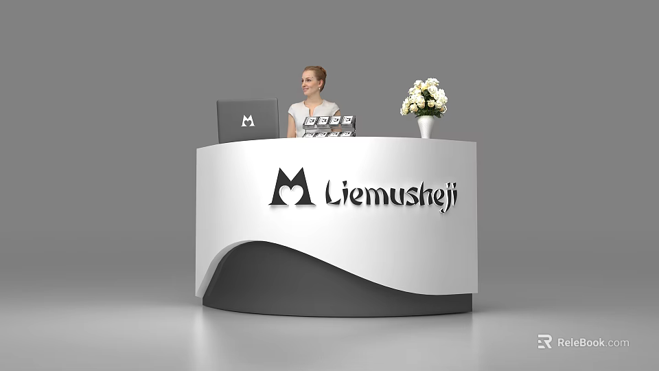 Modern Reception Desk With White Black Design Logo White Flowers And Computer Monitor 3d model 