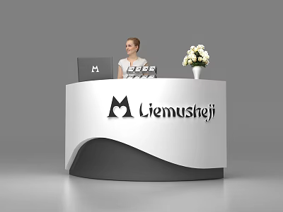Modern Reception Desk With White Black Design Logo White Flowers And Computer Monitor 3d model