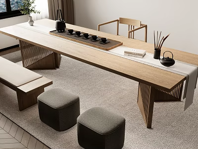 Modern Minimalist Wooden Tea Table And Chairs With Tea Set Stools And Light Gray Rug 3d model