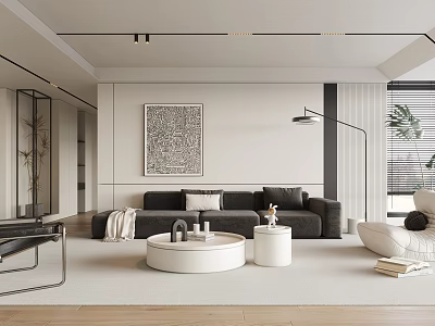 Modern Living Room Interior With Dark Grey Sofa White Round Coffee Table And Decorative Painting 3d model