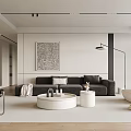 Modern Living Room Interior With Dark Grey Sofa White Round Coffee Table And Decorative Painting