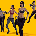 Women in Combat Outfits Holding Weapons Multiple Animated Characters with Diverse Poses on Yellow Background