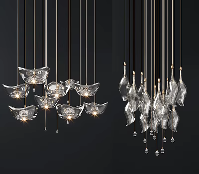 Contemporary Glass Chandelier With Leaf Shaped Pendants And Hanging Crystal Drops 3d model