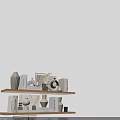 Modern Minimalist Decorative Ornament Combination On Wooden Shelf With Vases Photo Frames Sculptures And Books