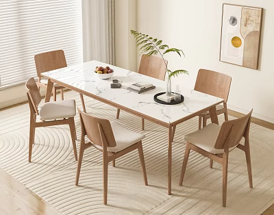 Minimalist Dining Table Set with White Top Wooden Legs Beige Cushion Chairs and Green Plant 3d model