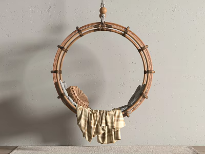 Natural Wooden Round Hanging Chair with Rattan Design for Indoor Living Space 3d model