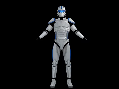 Futuristic Robot With White And Blue Armor Standing On Black Background 3d model