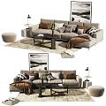Modern Beige Sofa Coffee Table Set With Multiple Pillows Throw Blanket And Wall Art 3d model