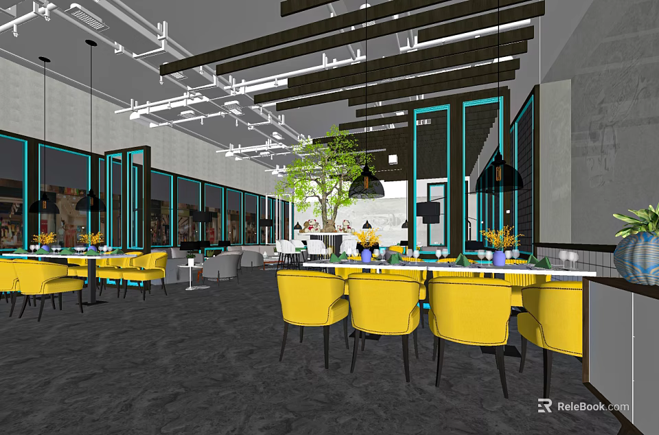 Modern Restaurant Interior With Yellow Chairs Green Plants And Hanging Lights 3d model 