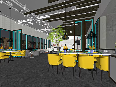 Modern Restaurant Interior With Yellow Chairs Green Plants And Hanging Lights 3d model