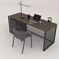 Modern Office Desk With Brown Top Black Frame Laptop Lamp Black Cup Headphones Gray Chair