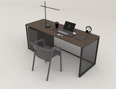 Modern Office Desk With Brown Top Black Frame Laptop Lamp Black Cup Headphones Gray Chair 3d model