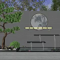 Garden Decorative Setup With Pine Tree Circular Bamboo Mirror Water Steps And Stone Wall 3d model