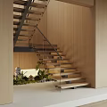 Modern Staircase Design With Wooden Steps Glass Railing And Green Plants Against Wooden Wall