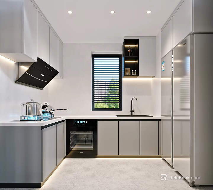 Modern Kitchen Interior With White Cabinets Black Range Hood Built-in Oven And Stainless Steel Refrigerator 3d model 