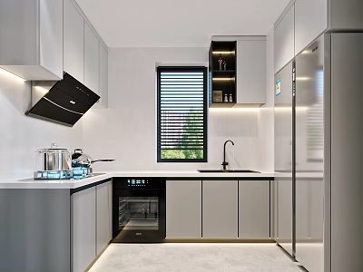 Modern Kitchen Interior With White Cabinets Black Range Hood Built-in Oven And Stainless Steel Refrigerator 3d model