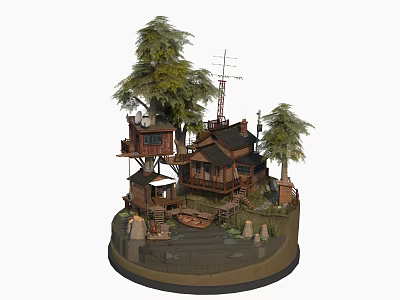 Cartoon Scene Featuring Wooden Treehouse Cabin Surrounding Trees Small Ladder And Antenna 3d model