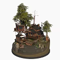 Cartoon Scene Featuring Wooden Treehouse Cabin Surrounding Trees Small Ladder And Antenna