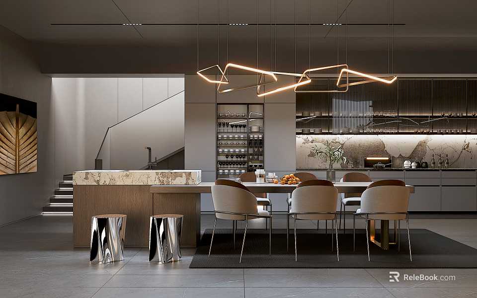 Modern Restaurant Interior Design Featuring Hanging Pendant Lights Marble Dining Table And Decorative Plants 3d model 