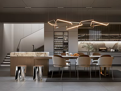 Modern Restaurant Interior Design Featuring Hanging Pendant Lights Marble Dining Table And Decorative Plants 3d model
