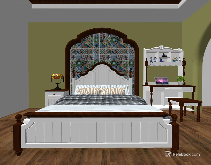 Bedroom Interior With Double Bed Patterned Tile Background White Frame Nightstand Lamp Wooden Floor 3d model