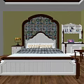 Bedroom Interior With Double Bed Patterned Tile Background White Frame Nightstand Lamp Wooden Floor 3d model