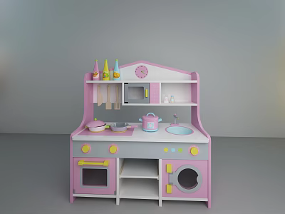Doll Kitchen Playset Pink Toy with Oven Sink Shelf and Accessories for Kids 3d model