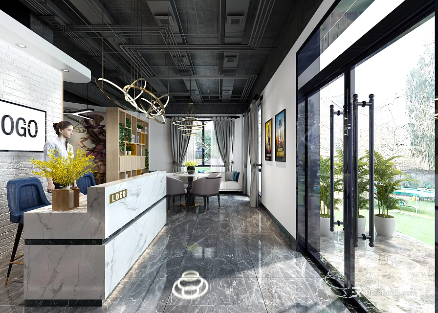 Modern Office Reception Area With Marble Counter Receptionist Chandeliers Green Plants And Glass Doors 3d model 