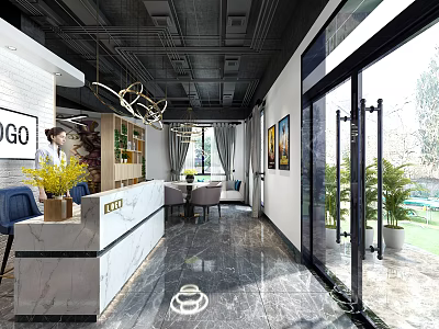 Modern Office Reception Area With Marble Counter Receptionist Chandeliers Green Plants And Glass Doors 3d model