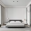 Modern Bedroom Interior With Striped Wall Simple Headboard Gray Bedding And Soft Lighting 3d model