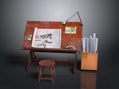 Wooden Drawing Desk And Stool With Blueprints Table Lamp Scrolls And Cardboard Box 3d model
