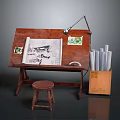Wooden Drawing Desk And Stool With Blueprints Table Lamp Scrolls And Cardboard Box