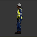 Man Standing In White Helmet Yellow Reflective Vest And Blue Work Uniform
