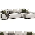 Modern Light Sectional Sofa With Green Gray Throw Pillows And Blankets 3d model