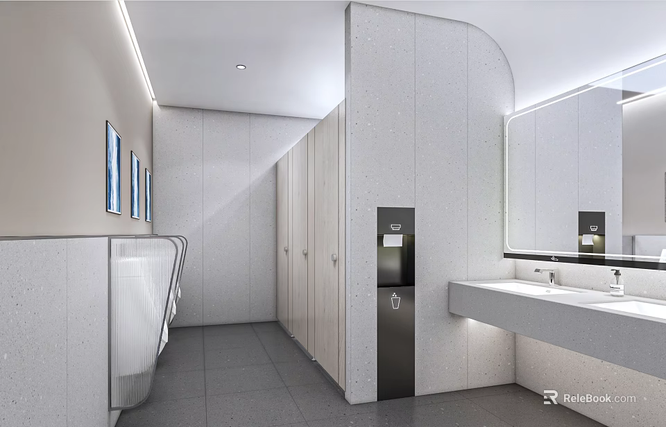Modern Public Restroom Interior Design With Stalls Sink Mirror And Lighting 3d model 