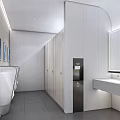 Modern Public Restroom Interior Design With Stalls Sink Mirror And Lighting