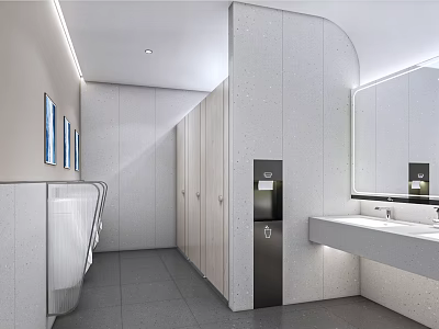 Modern Public Restroom Interior Design With Stalls Sink Mirror And Lighting 3d model