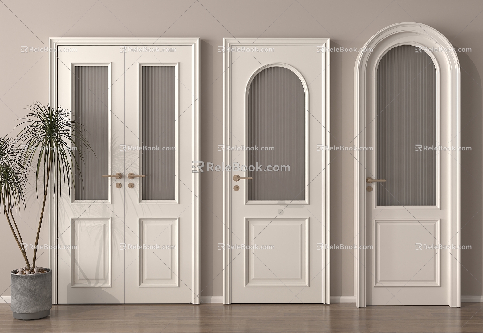 French cream double door single door bedroom door glass double door 3d model